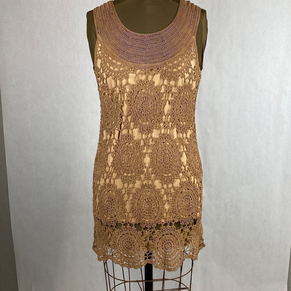 NWT Soft Surroundings Crochet Dress Size Medium Brown Lined Sleeveless